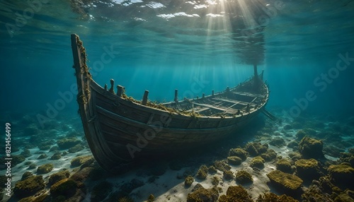 A captivating and detailed underwater scene of a long-forgotten Viking ship.