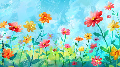 A vibrant painting of colorful flowers with a blue sky background, suitable for art and nature-themed designs and decorations. © ELmidoi-AI