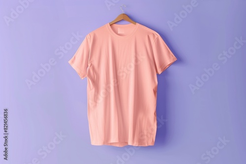 Peach t-shirt mockup on a light purple background, hanging freely, isolated in HD