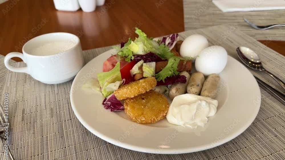 A neatly arranged breakfast with eggs, sausages, vegetables, and coffee at the restaurant. Close-up A neatly arranged breakfast with eggs, sausages, vegetables, and coffee at the restaurant. Close-up