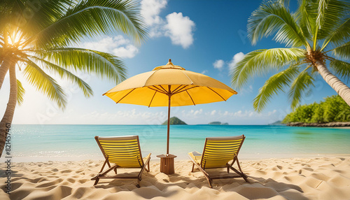 photo beautiful tropical beach and sea with chair umbrella  coconut palms travel tourism