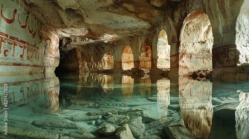 A submerged cave with ancient paintings and carvings on the walls