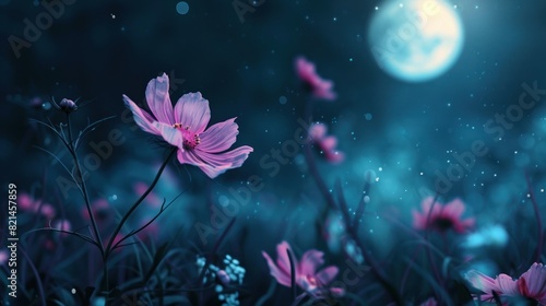 Romantic night scene - Beautiful pink flower blossom in garden with night skies and full moon.