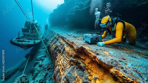 A team using sonar technology to map an underwater archaeological site