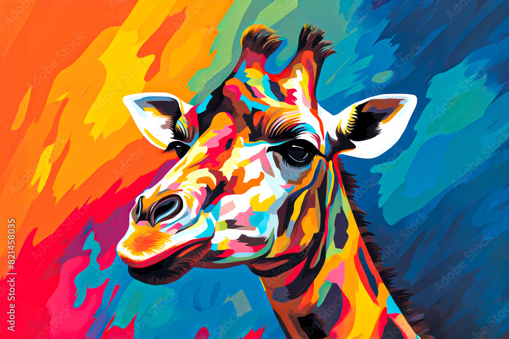 Giraffe's Kaleidoscope, A vibrant portrait of a giraffe in a kaleidoscope of colors against a multi-hued background.