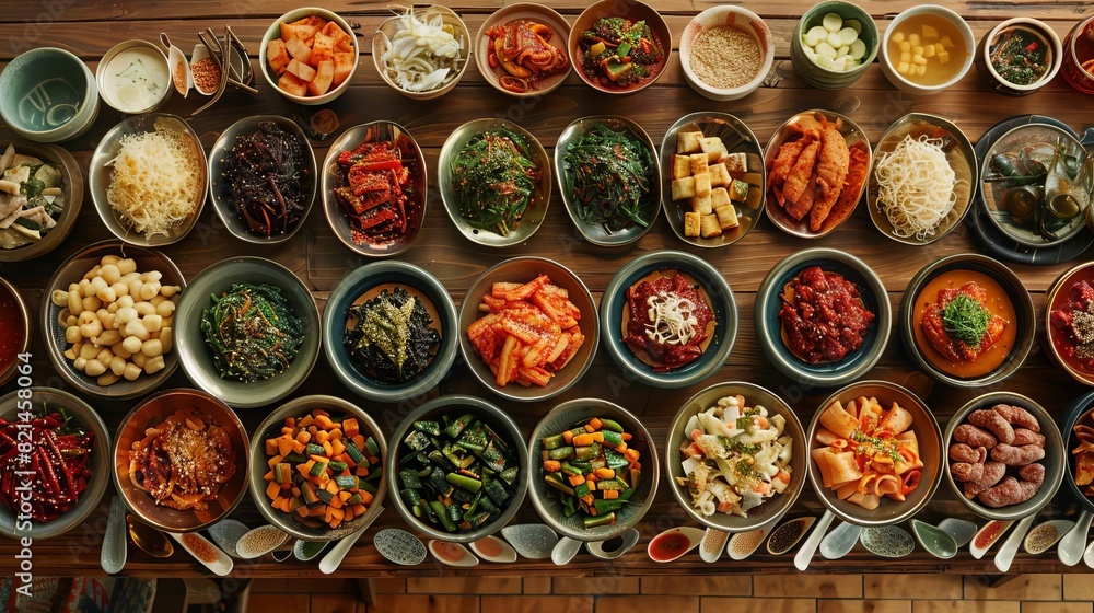 Fototapeta premium A vibrant spread of assorted banchan dishes on a traditional Korean table