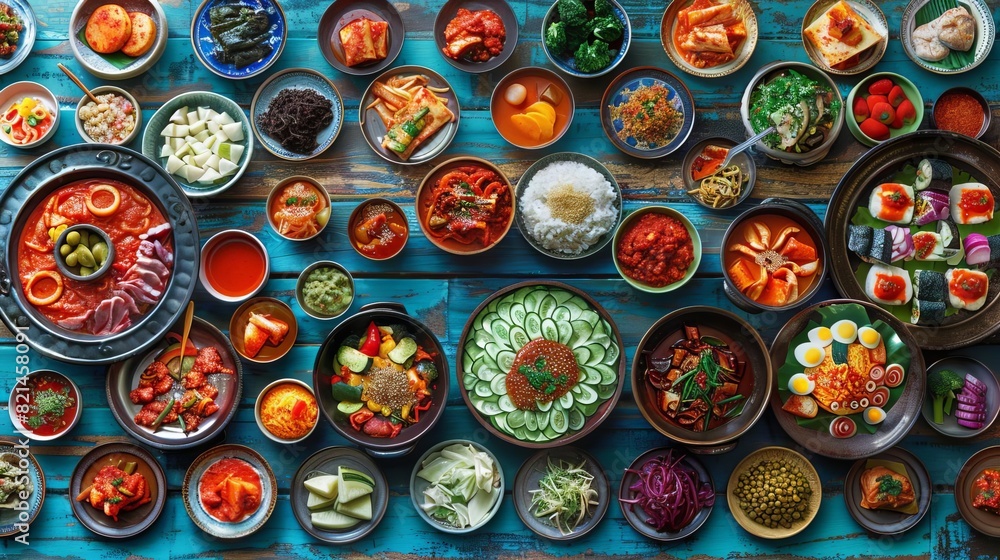 A vibrant spread of assorted banchan dishes on a traditional Korean table A vibrant spread of assorted banchan dishes on a traditional Korean table