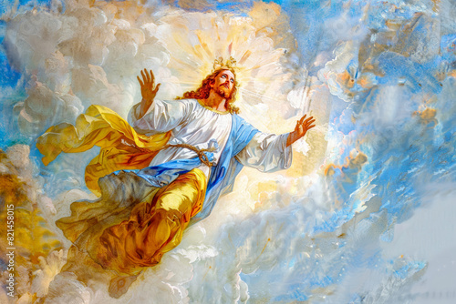Ascension of Christ Amidst Celestial Glory, A vibrant fresco depicting Jesus Christ ascending to heaven, surrounded by angels and bathed in divine light.