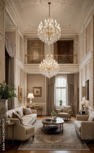 Elegant professional photograph of a white and gold luxury living room interior with a grand chandelier and lush greenery