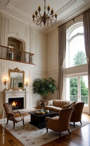 Elegant professional photograph of a white and gold luxury living room interior with a grand chandelier and lush greenery