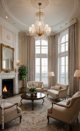 Elegant professional photograph of a white and gold luxury living room interior with a grand chandelier and lush greenery