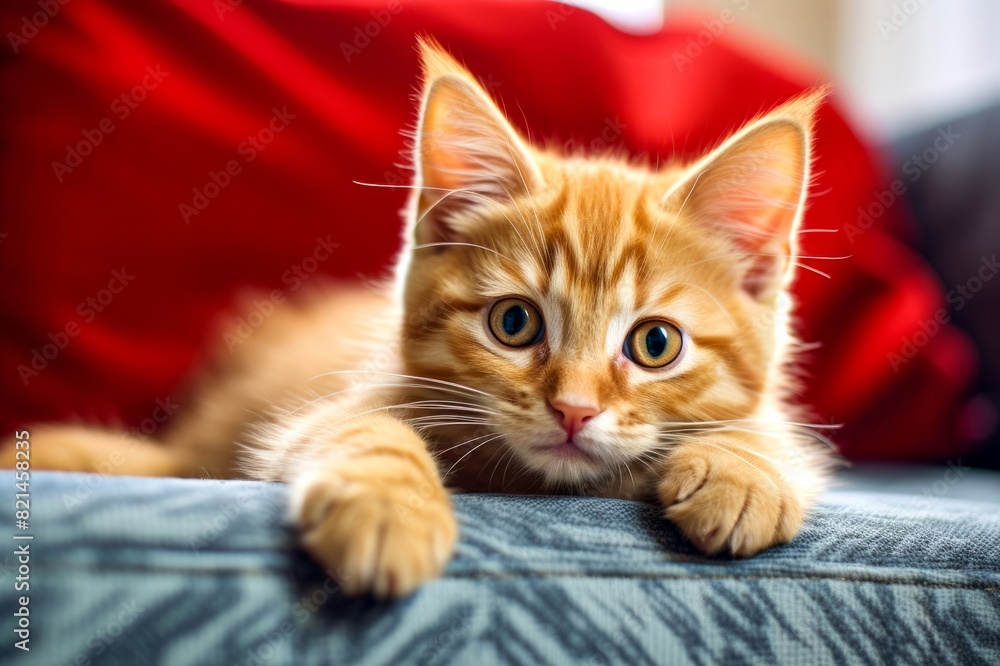 Curious Ginger Kitten, A ginger kitten with big round eyes rests on a couch, looking at the camera with curiosity.