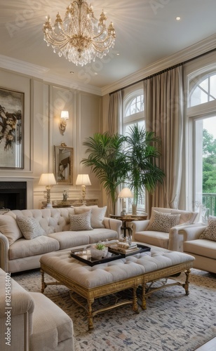 Elegant professional photograph of a white and gold luxury living room interior with a grand chandelier and lush greenery