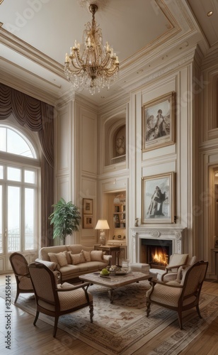 Elegant professional photograph of a white and gold luxury living room interior with a grand chandelier and lush greenery