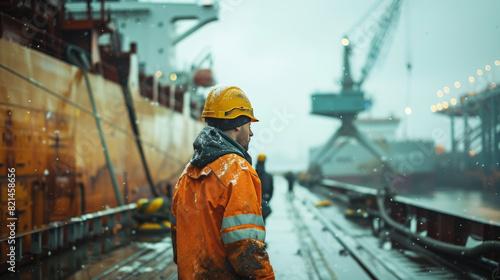 A dock worker in an orange raincoat and helmet standing on a wet dock beside a large ship in a rainy port.