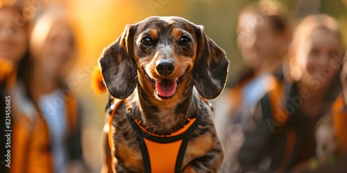 A dachshund in costume happily parading among smiling onlookers at a pet event. Concept Pets in Costumes, Community Events, Dachshund Parade, Smiling Faces, Fall Festivities photo