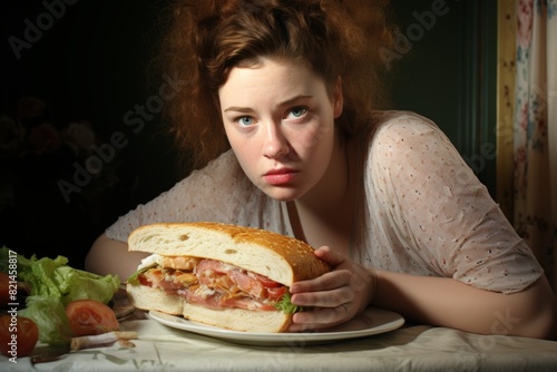 Young woman with curly hair sitting at a kitchen table holding a large sandwich