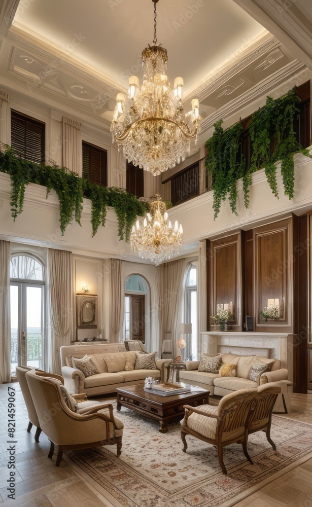 Fototapeta premium Elegant professional photograph of a white and gold luxury living room interior with a grand chandelier and lush greenery