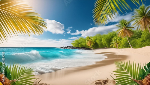 Beautiful realistic summer background with beach scenery.