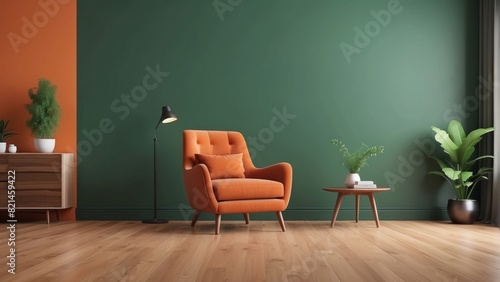 modern mid century and minimalist interior of living room , green armchair on orange color wall