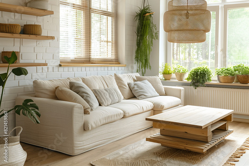 Living Room Interior Design in White and Beige with Brick wall. Home decor, sofa, chair, furniture