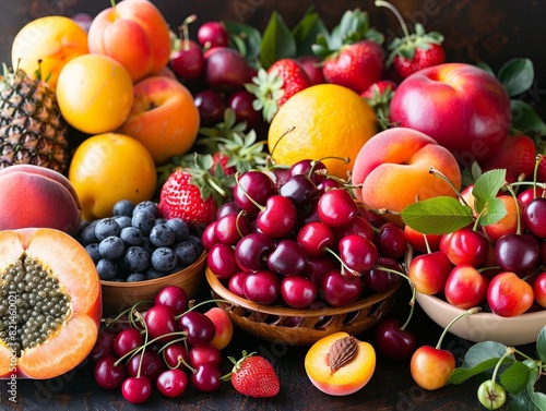 An Abundant and Vibrant Variety of Fresh Summer Fruits Including Berries  Citrus  Stone Fruits  and Pineapple Displayed on a Wooden Table