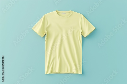 Solid yellow t-shirt mockup front view isolated on pale blue background, pristine quality photo showcasing front, back, and side views