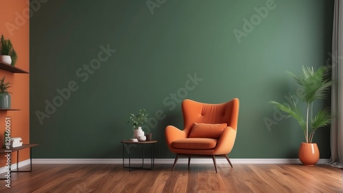 modern mid century and minimalist interior of living room , green armchair on orange color wall