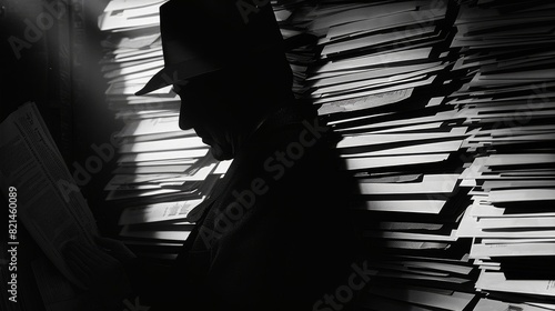 Man in a hat hiding behind a stack of envelopes photo