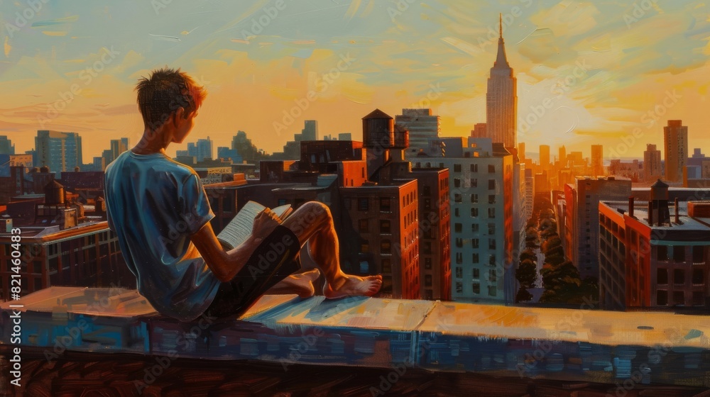 Man reading a book on a rooftop overlooking the city at sunset