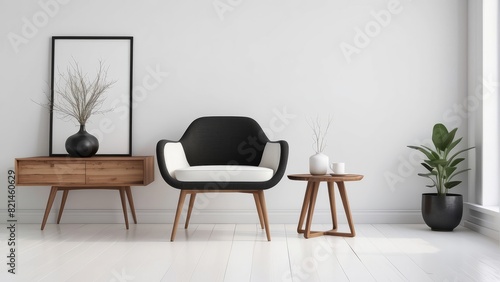 mid century and minimalist room, Black decor concept, one vintage Crisp White armchair