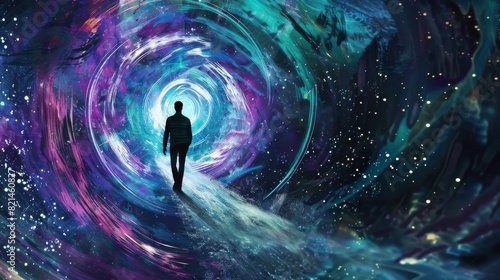 Man silhouette standing in a colorful cosmic circle for digital art and future themes photo