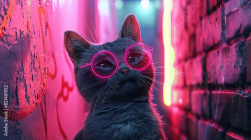 Chubby Cat with Oversized Glasses Strikes a Pose Against a Neon Pink Graffiti Wall Under Street Lights photo