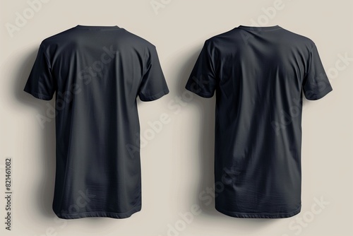 Blank navy blue t-shirt mockup side view isolated on light grey background, hyper-realistic capture displaying front, back, and side views