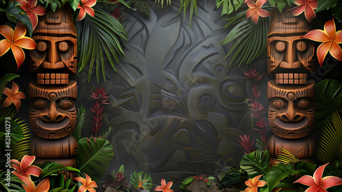 A tropical theme sign to accept a custom message or design element - rustic carved black surface that allows for custom type and graphics - a border of tropical leaves, flowers and wood masks, sign