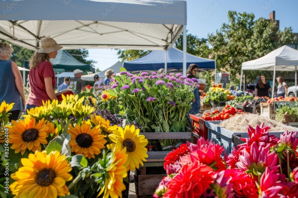 Bright Sunflowers and Purple Tulips at an Outdoor Farmers Market in Summer Bright Sunflowers and Purple Tulips at an Outdoor Farmers Market in Summer