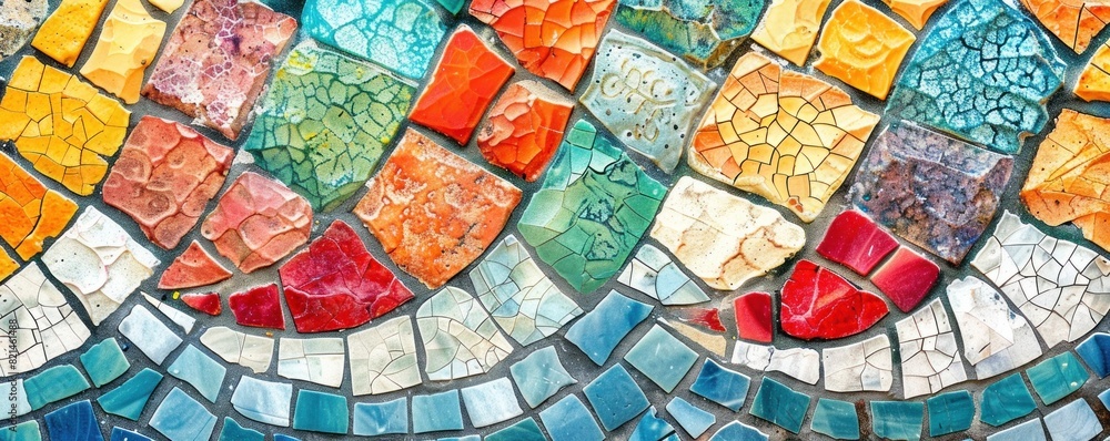A colorful mosaic tile wall with a blue stripe. The tiles are in various colors and sizes, creating a vibrant and eye-catching design A colorful mosaic tile wall with a blue stripe. The tiles are in various colors and sizes, creating a vibrant and eye-catching design
