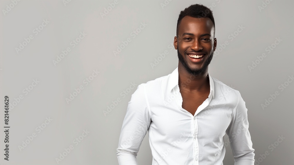 Obraz premium happy handsome african american man wearing summer shirt isolated on grey background