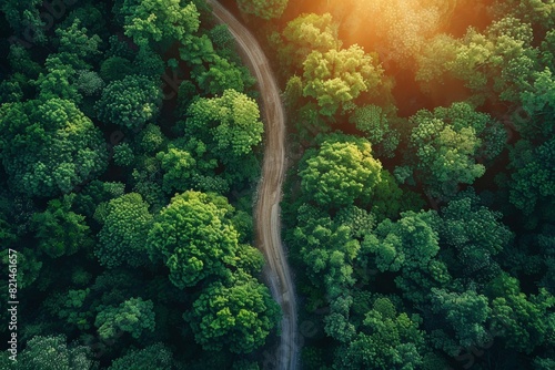 Top-down aerial view of forest biking trails at sunset with vibrant green trees and winding path