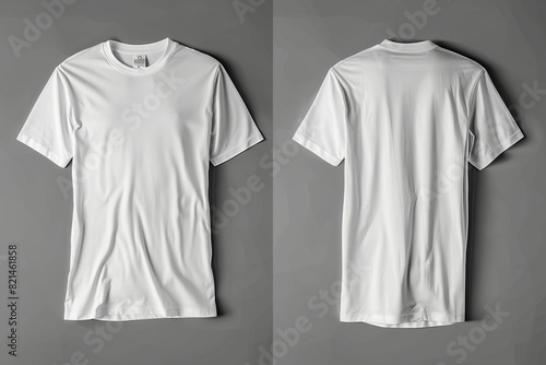 Blank white t-shirt mockup front view isolated on sleek grey background, realistic high-quality photo of front, back, and side views