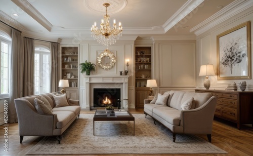 Elegant professional photograph of a white and gold luxury living room interior with a grand chandelier and lush greenery