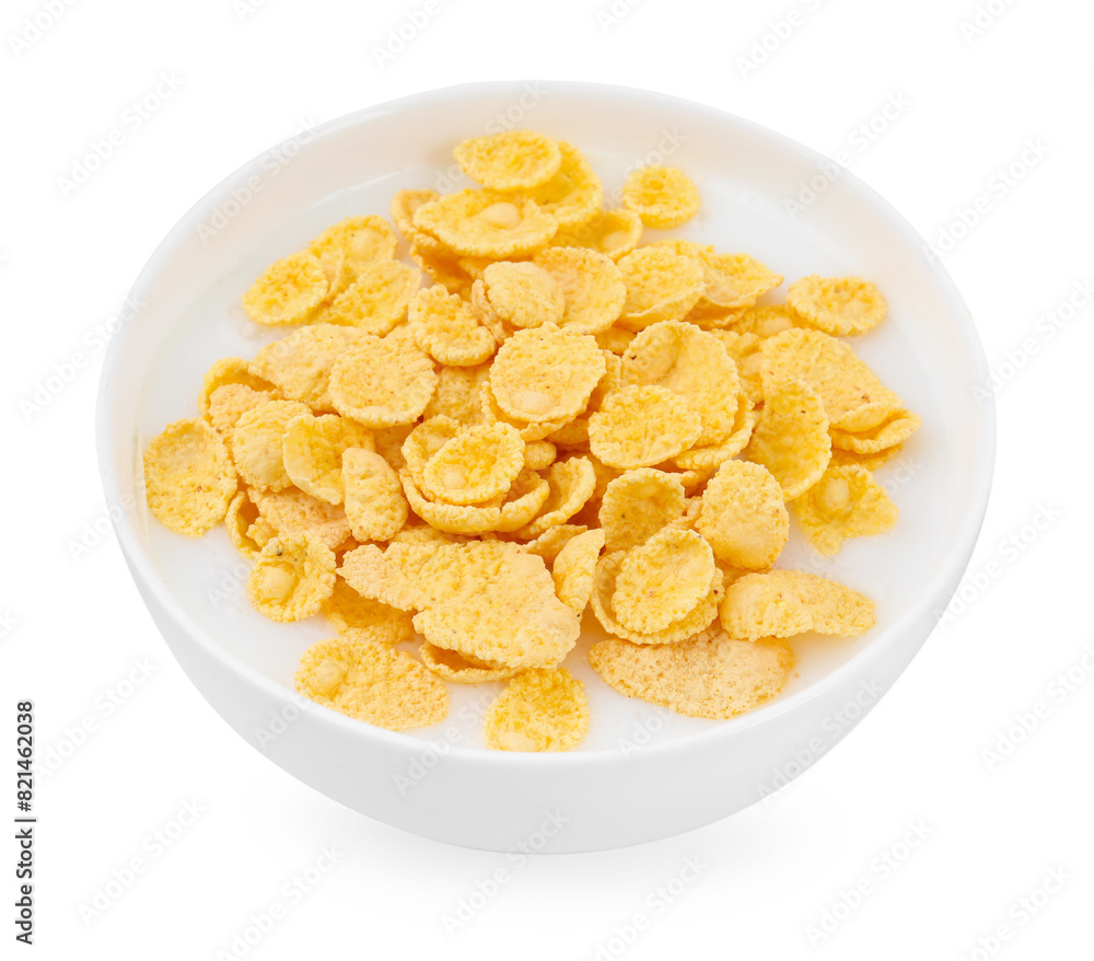 Breakfast cereal. Corn flakes and milk in bowl isolated on white Breakfast cereal. Corn flakes and milk in bowl isolated on white