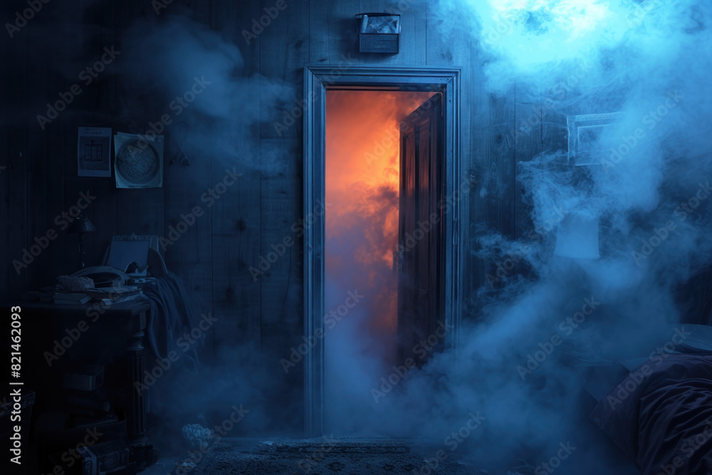 An eerie, mist-filled room with a glowing red doorway beckons into the unknown, creating a chilling Halloween scene