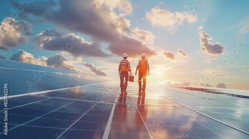 Engineers inspecting and walking on solar panel. Smart grid, ecology energy concept photo