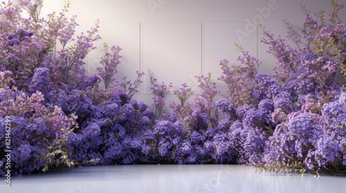 Minimalist wedding interior with blank posters and beautiful purple flowers on the walls