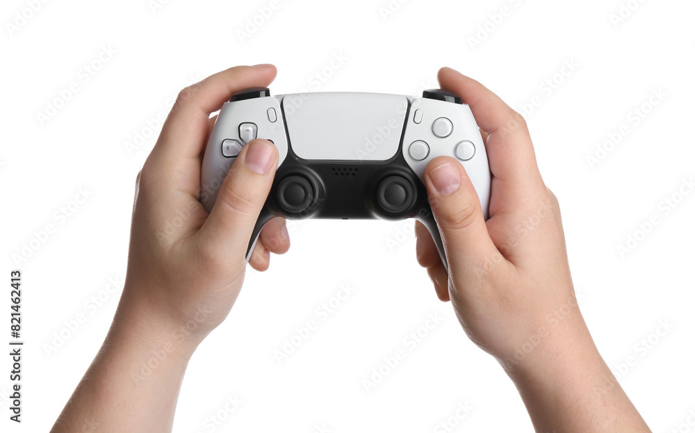 Woman using wireless game controller on white background, closeup Woman using wireless game controller on white background, closeup