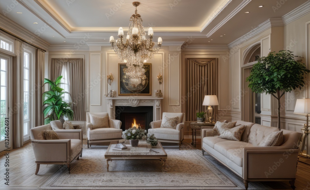 Elegant professional photograph of a white and gold luxury living room interior with a grand chandelier and lush greenery Elegant professional photograph of a white and gold luxury living room interior with a grand chandelier and lush greenery