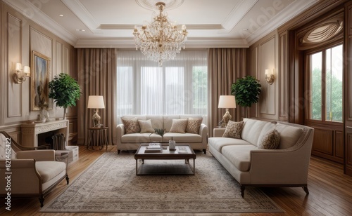 Elegant professional photograph of a white and gold luxury living room interior with a grand chandelier and lush greenery