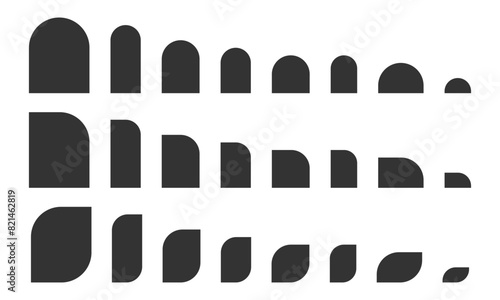 Set of arch, semiarch and leaf shapes. Elegant templates for wedding invitation or greeting cards, business brochures, event or party banners isolated on white background. Vector graphic illustration.