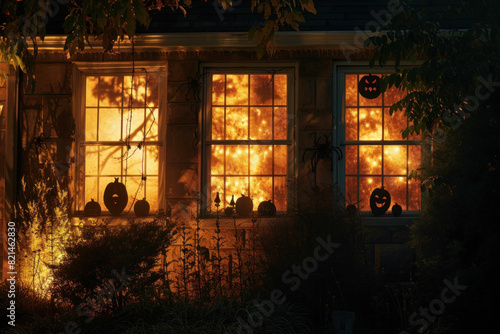 Warmly lit home windows set a welcoming yet spooky tone with Halloween decorations casting eerie shadows